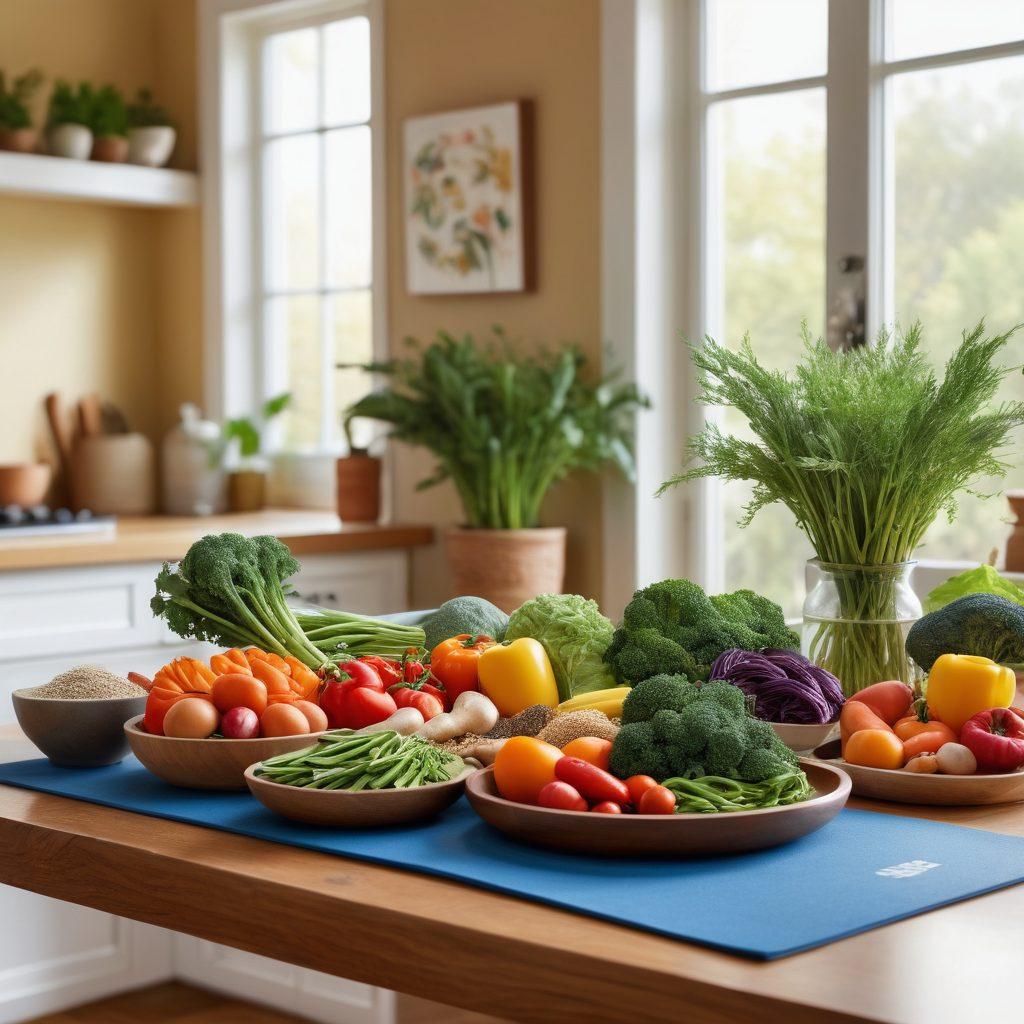 A serene kitchen setting featuring a beautifully arranged table with IBS-friendly meals, including colorful vegetables and whole grains, alongside a yoga mat and fitness gear. Natural light streaming through the window adds warmth, while a plant in the background symbolizes growth and wellness. The atmosphere is calming and inviting, perfect for promoting health and well-being. super-realistic. vibrant colors. warm lighting.